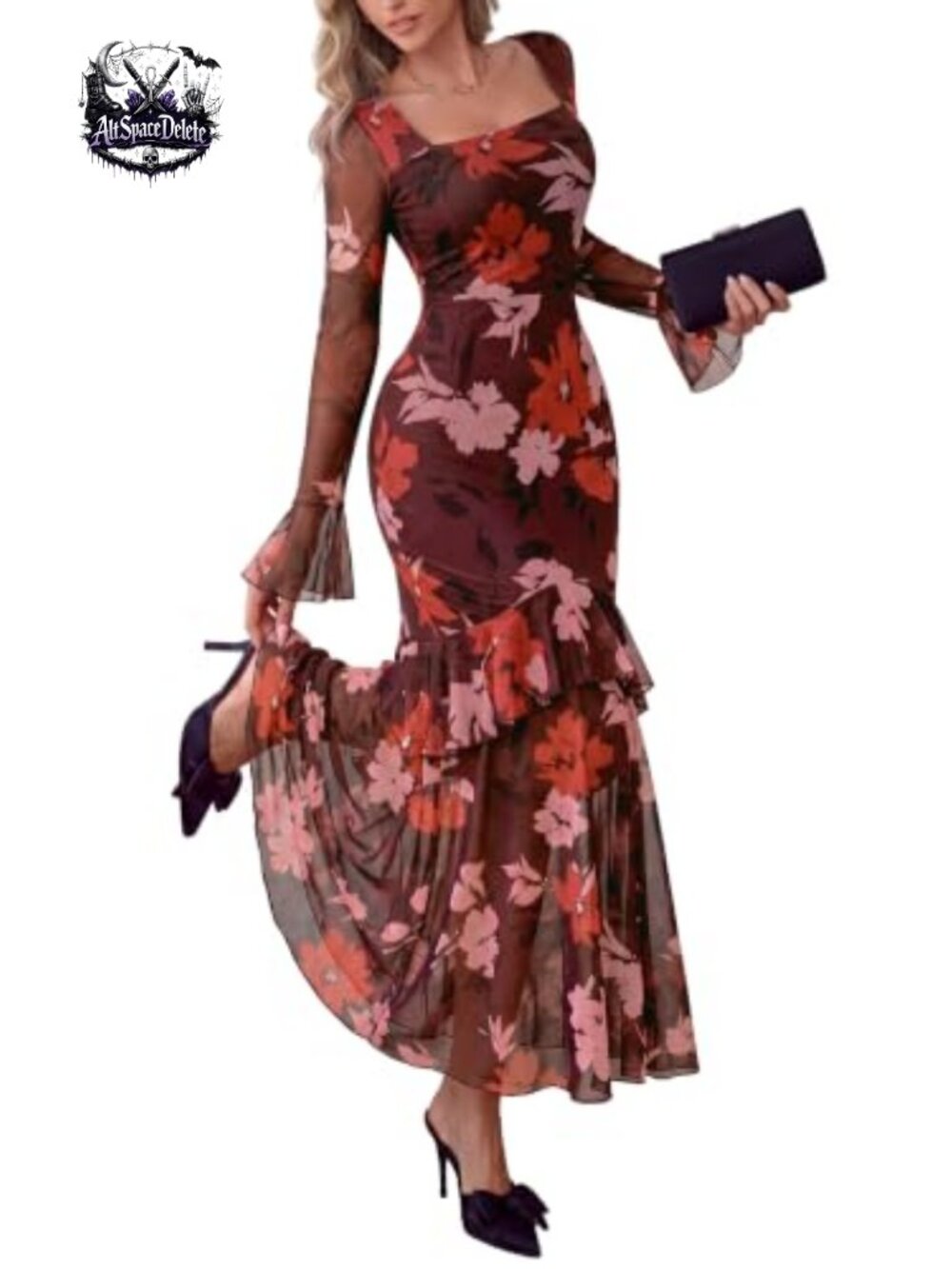 Floral Mesh Long Sleeve Maxi Dress Square Neck Ruffle Formal Wedding Guest